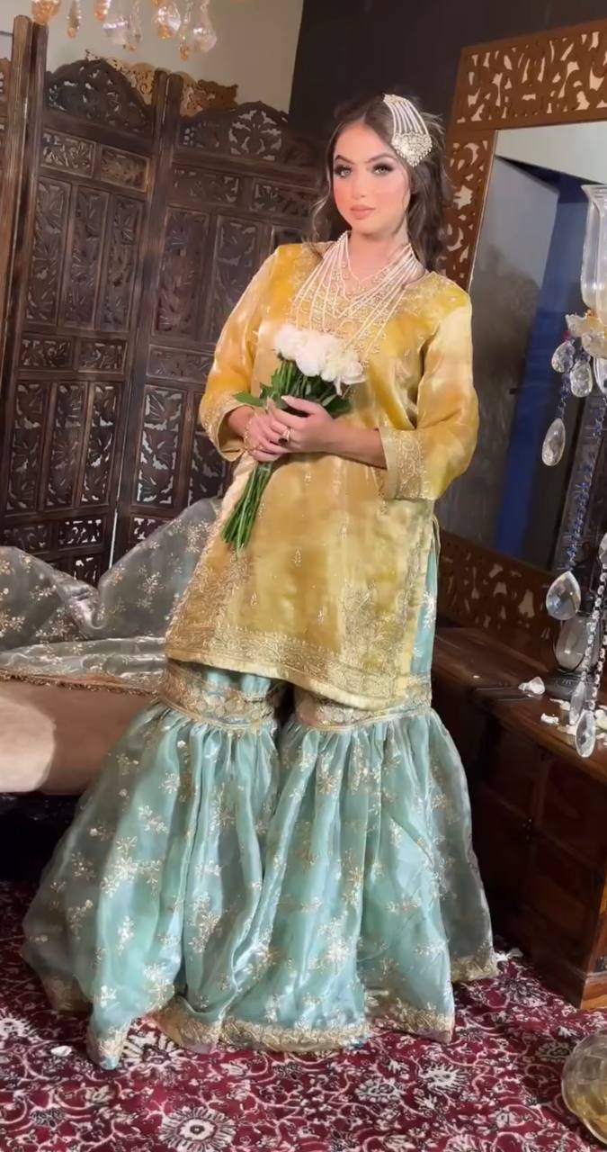 Mustard Yellow Kurta & Sea Green Sharara Set